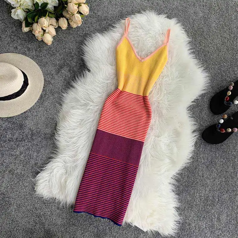 

Autumn Knitted Rainbow Striped Women Dress V-Neck Sleeveless Sexy Strech Bodycon Dresses Female 2019 Winter Backless Vestidos