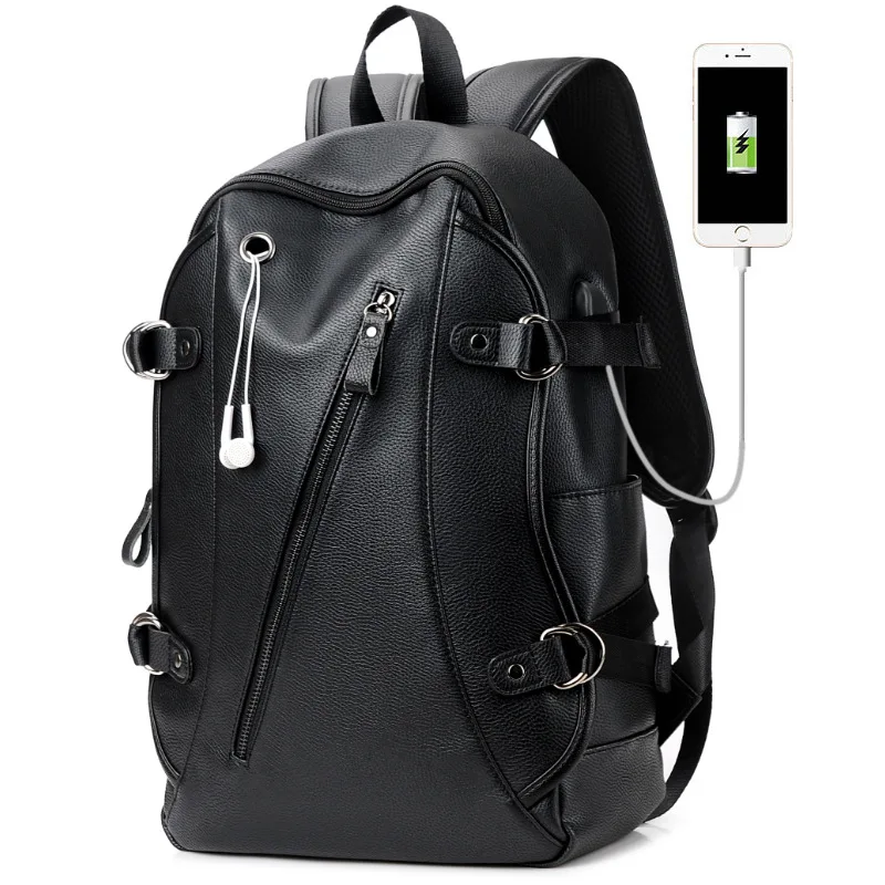 

HJKL laptop backpack fashion black PU leather backpack men backpack waterproof women large bagpack with USB mochila masculina