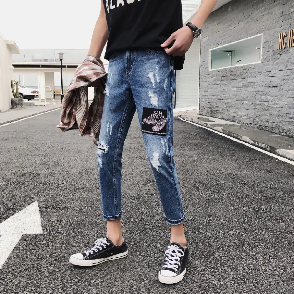 

Fashion 2019 spring autumn Casual patch embroidery students teenagers boys denim jeans men pencil ankle length pants 28-34