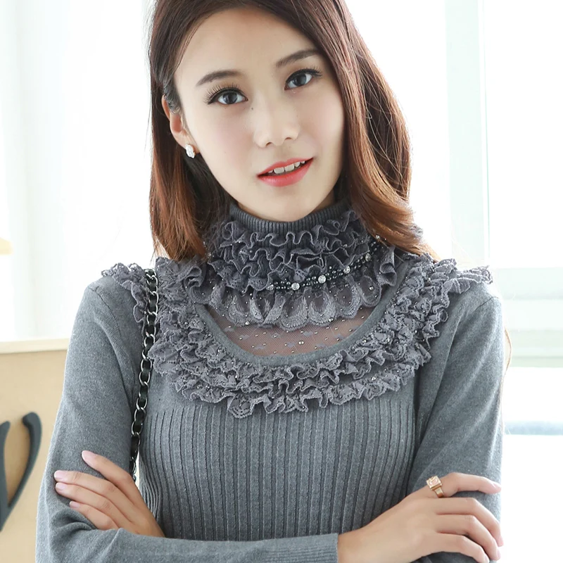 New fashion 2014 autumn winter turtleneck sweater pleated gauze rhinestones beading lace