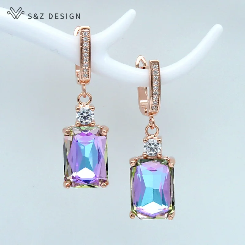 S&Z New Square Imitation Crystal 585 Rose Gold Dangle Earrings Temperament Personality For Women Wedding Party Fashion Jewelry