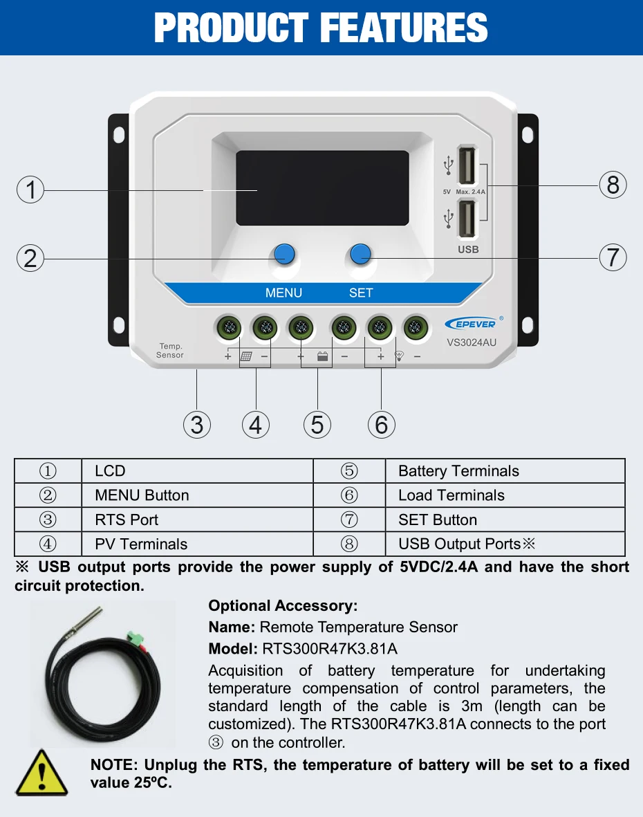 EPever 30A Солнечный Зарядное устройство контроллера 12V 24V Авто Подсветка ЖК-дисплей, и он имеет высокую эффективность солнечной регулятора PWM с двойным USB Выход VS3024AU