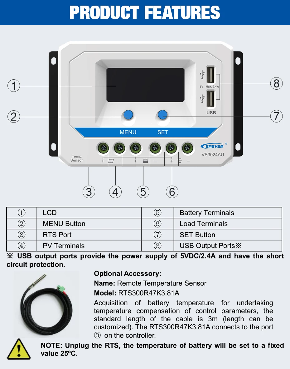 EPever 30A Solar Charger Controller 12V 24V Auto Backlight LCD High Efficiency Solar Regulator PWM with Dual USB Output VS3024AU_03