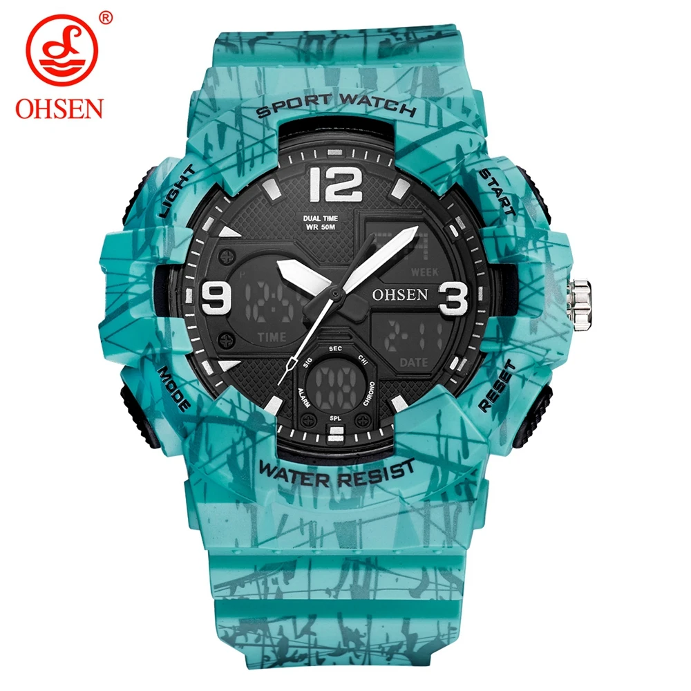 

Original Fashion Brand OHSEN Man Digital Quartz Watches Rubber Band 50m Swim Sport Watch Men LED Army Wristwatches Orologio Uomo