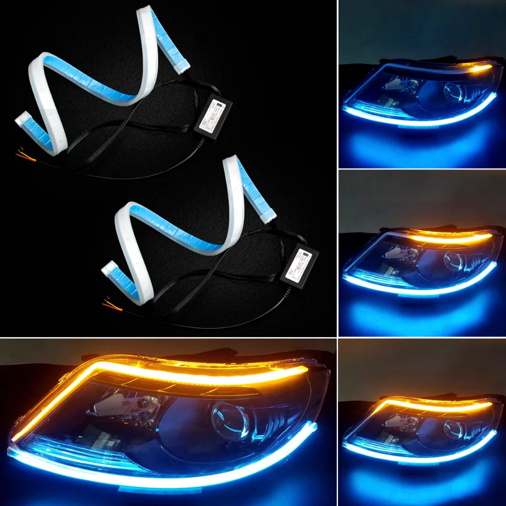 

2Pcs/Lot Ultrafine DRL 60cm Daytime Running Light Universial Flexible Soft Tube Guide Car LED Strip Turn signal Yellow flowing
