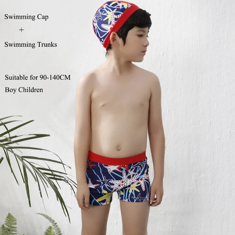 Summer Blue Printed Starfish Swimsuits Board Shorts+Cap for 2-10 Years Boy Children Kids Swimwear Swimming Exercises |