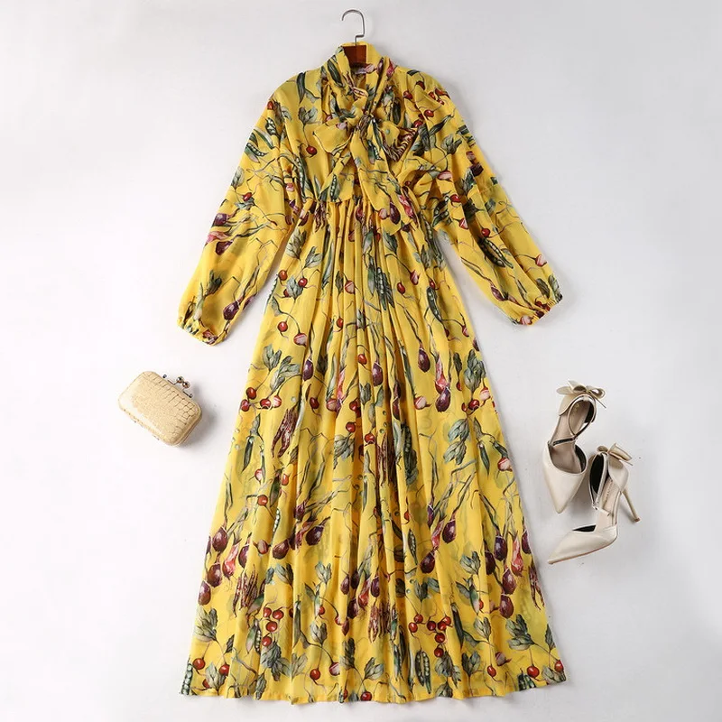 

2021 Spring Long Dress High Quality Fashion Style Women Sweet Fruit Print Long Sleeve Casual Long Beach Maxi Dress Yellow