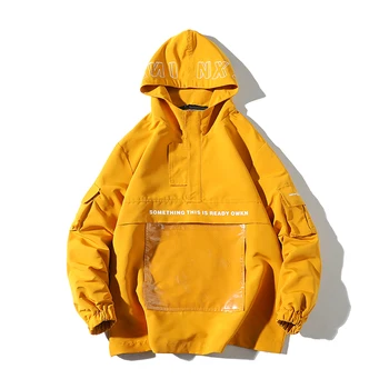 

2019 Men Hooded Streetwear Casual Men Jacket Hip Hop Windbreaker Pullover Mens Jacket Coat Front Pocket Man Overcoat LBZ135