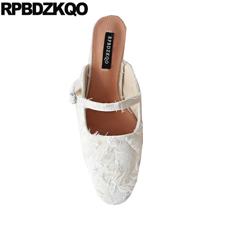 

Block Women Shoe 2018 Spring Slides Wedding With Fur Beige Purple Canvas Slippers Square Low Heel Mules Strap Closed Toe Sandals