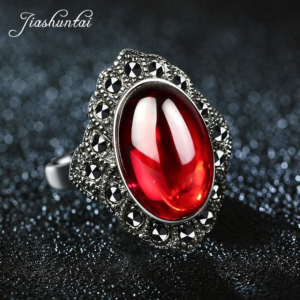 

JIASHUNTAI Vintage 925 Sterling Silver Red Garnet Rings For Women Retro Big Oval Punk Style R Handmade Bijoux Indian Jewelry