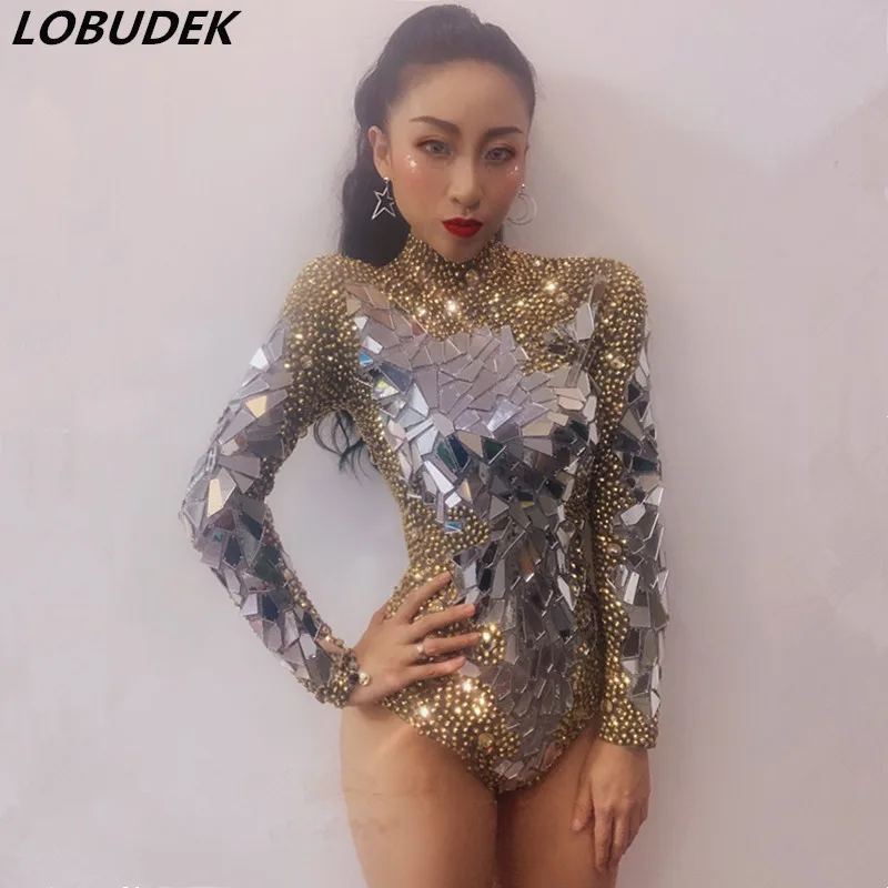 

Women Gold Rhinestones Silver Mirrors Long Sleeve Bodysuit Sexy DJ Singer Nightclub Stage Wear Jazz Dance Team Leotard Costumes