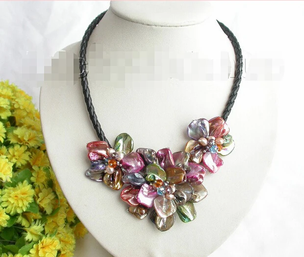 

handcraft bloom Multicolor seashell pearls choker leather necklace GIFT j7767@^Noble style Natural Fine jewe FREE SHIPPING