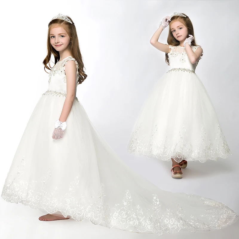 Glizt Girls Wedding Dresses White Tulle Princess Costume Bead Appliques