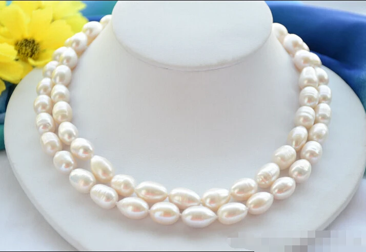 

FREE SHIPPING * Z6440 2strands 13mm rice white Freshwater cultured PEARL necklace 18inch (A0513)