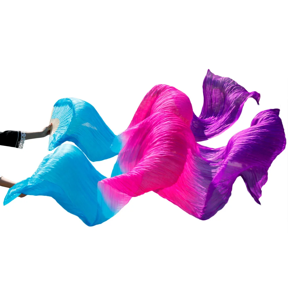Stage Performance 100% Silk Belly Dance Fans Gradient Colour Dance Accessories Belly Dancing Silk Fans turquoise+rose+purple