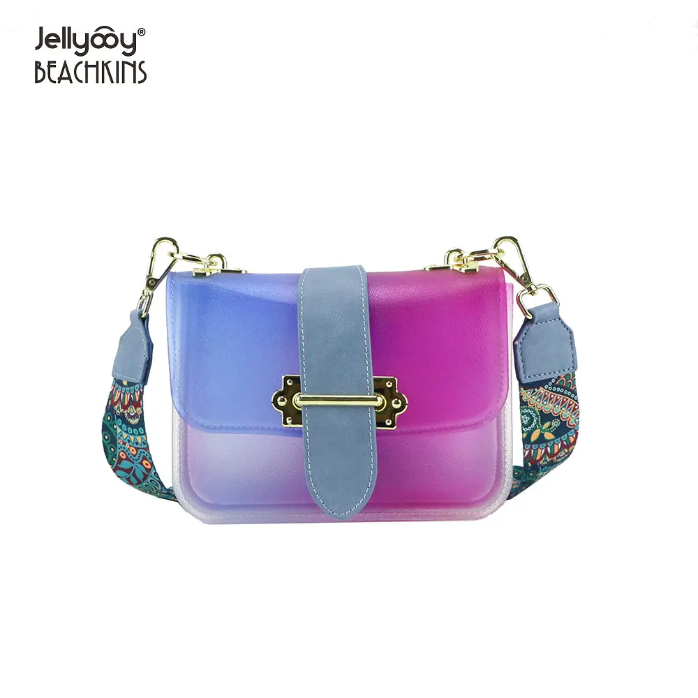 

The new 2019 color transparent jelly bag wide canvas shoulder straps inclined shoulder bag Chic jelly small package