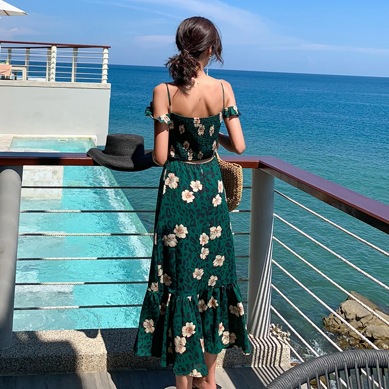 Summer Women Floral Print Green Sundress Female Boho Tropical Sexy Vacation Backless Vintage Ruffle Long Beach Sea Korean Dress