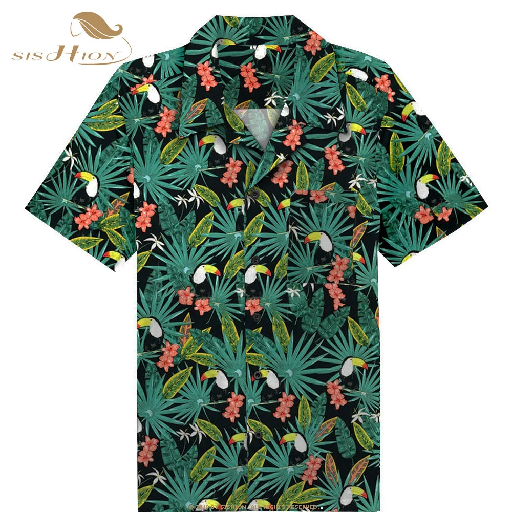 

SISHION 2019 New Toucan Floral Print Men Shirt ST124 Short Sleeve Palm Springs Cocktail Button Up Shirts camiseta hombre