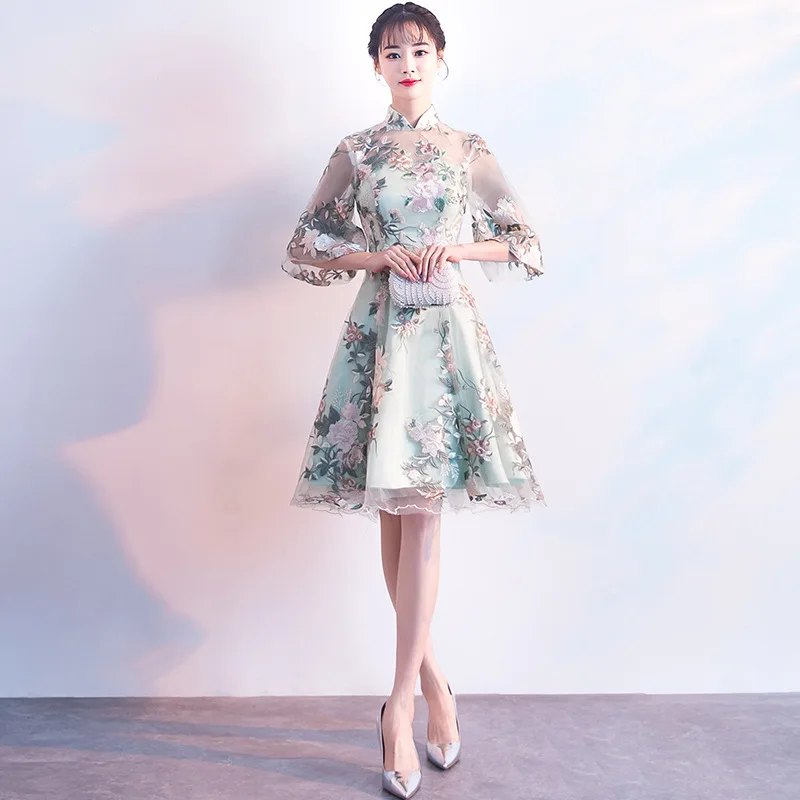 Улучшенное женское сексуальное тонкое платье Cheongsam с v-образным вырезом, элегантное вышитое свадебное платье для подружки невесты, длинное платье в пол Qipao Vestidos