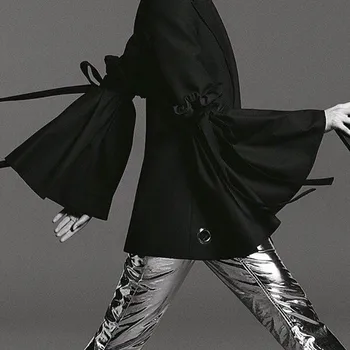 

2019 autumn winter new straps decorative trumpet sleeves women anti-UV solid color long sleeves women tide temperament unique