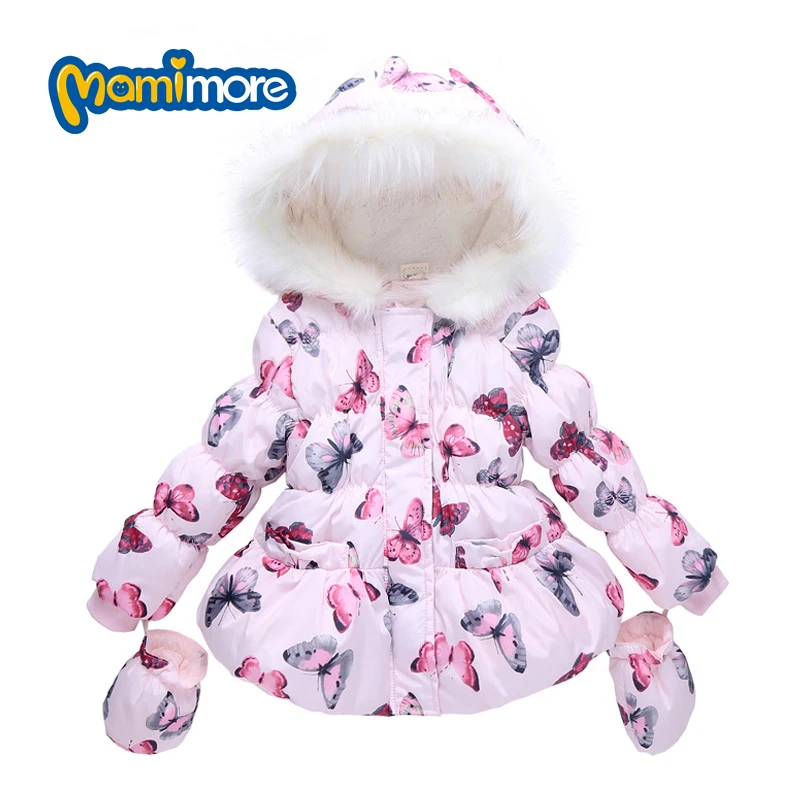 

Mamimore Wool Collar Padded Girls Down Jacket for GirlS 2017 Korean Style Butterfly Pattern Children Clothes Cotton Coat Jacket