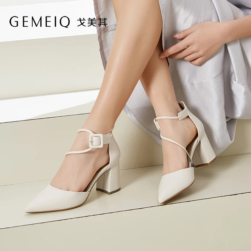 

GEMEIQ 2019 spring New Shallow Pointed toe One-line Buckle strap Hollow Nude Shoe Women Bold High heel Commuter Shoes