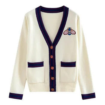 

Chic women's knitting coat 2019 spring autumn embroidered V neck cardigan coat A319