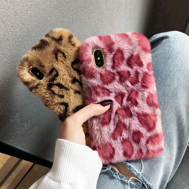 

Rex Rabbit Plush Applex mobile phone shell XR autumn winter new 7plus leopard print iPhone8 XS Max Chao female 6 Hairy case girl