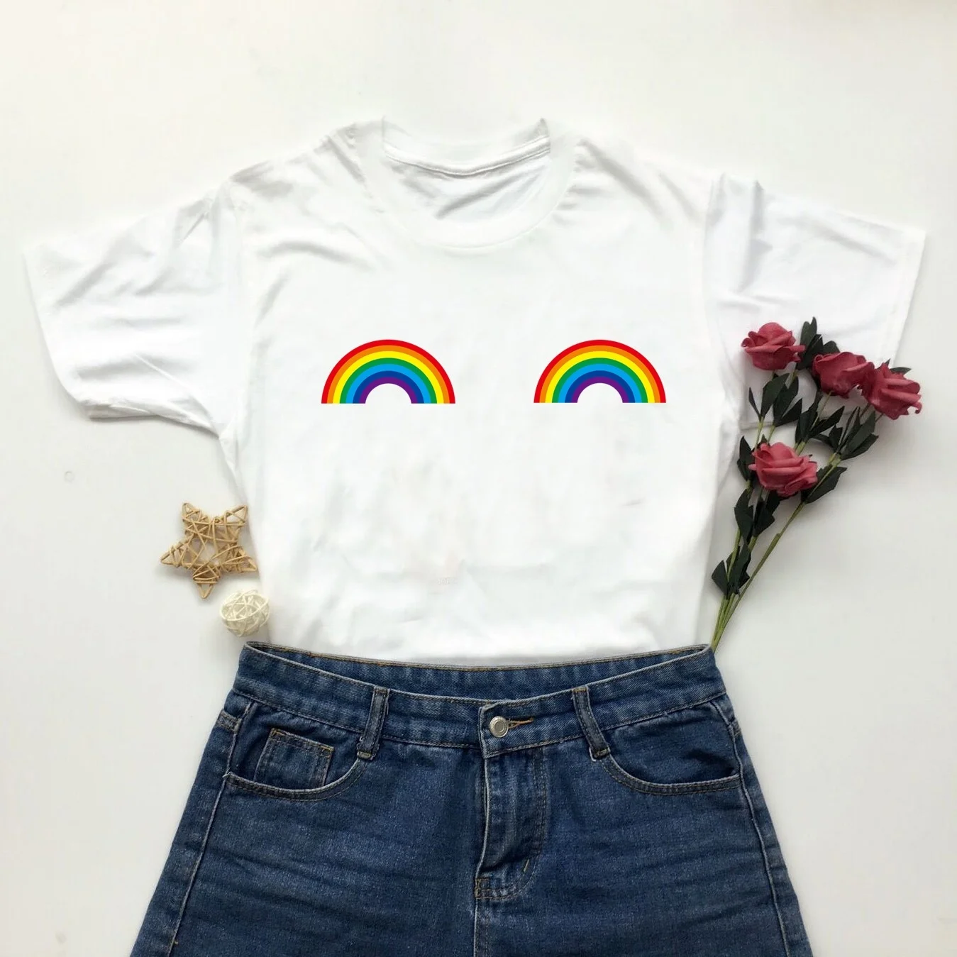 

Starqueen-JBH 1pcs Cool Fashion Tees Rainbow Gay T-shirt LGBT Pride Homosexual Love Fashion Woman Boobs Top Slogan Tee T Shirt