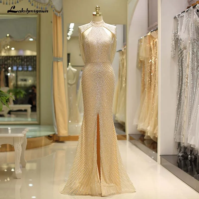 

High Neck Gold Mermaid Evening Dresses Long Beading Sequined Luxury Evening Gown Robe de Soiree Party Gowns