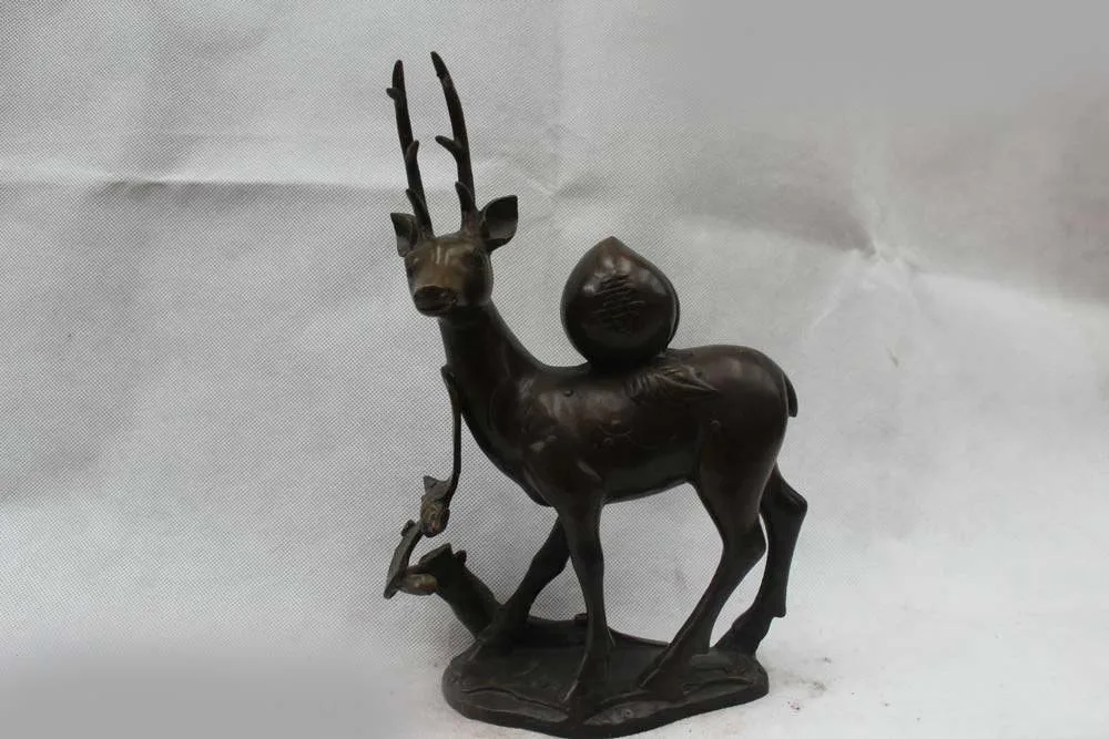 

11"Lucky Chinese Feng Shui Bronze Lifelike longevity Deer Peach Statue Sculpture