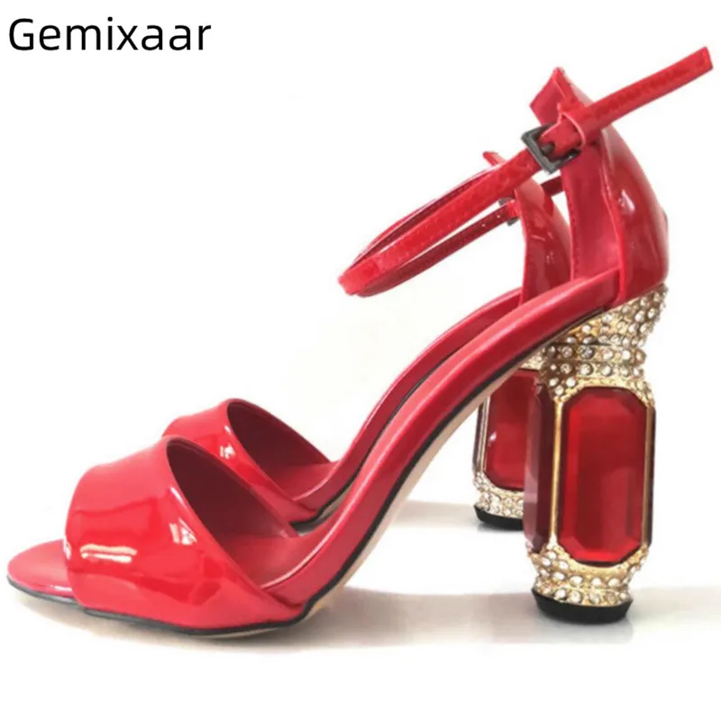

Red Glass Heel Woman Sandals Peep Toe Slim Shallow Narrow Ankle Buckle Footwear Slim Shallow High Square Heels Sandals Woman 43