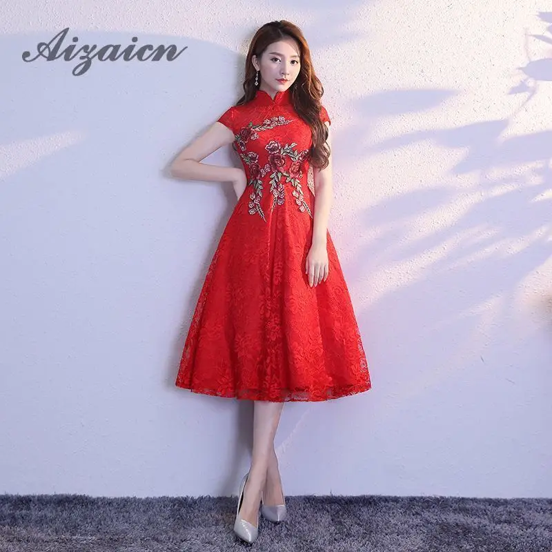 Encaje rojo boda Qipao mucho Cheongsam chino tradicional vestido Ретро Qi Pao de las Mujeres de China 2019 vestidos de noche