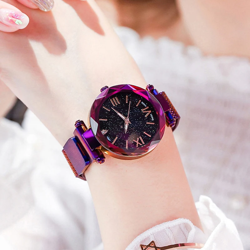 

2019 Starry Sky Watch Women Mesh Magnetic Watch Female Roman Dress Wristwatch Purple Rhinestone Clock Female 2019 Horloge Vrouw