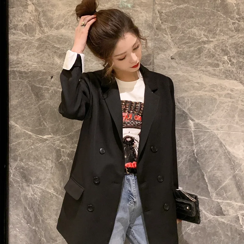 

[EWQ] 2019 Autumn New Pattern Casual Style Wild Loose Full Sleeve Solid Color Double Breasted Turn-down Collar Suit Coat AF602