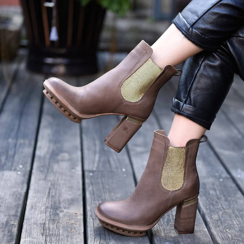 

Artmu Fashion High Heel Women Chelsea Boots Handmade Leather Short Boots Ankle Boots 6.5 cm High Heels Platform Shorts Boots