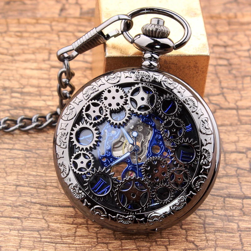 

Vintage Steampunk Gears Hollow Bronze Mechanical Pocket Watch Fob Chain Hand Wind Skeleton Necklace Clock Men Womens Gifts