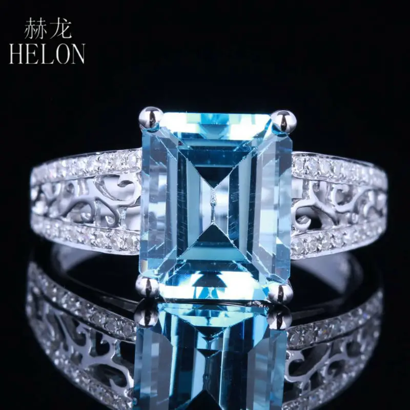 

HELON Nouveau Fashion Real 14K White Gold 3.24ct Blue Topaz Emerald 10x8mm Pave 0.2ct Diamond Lady Ring Engagement Wedding Ring