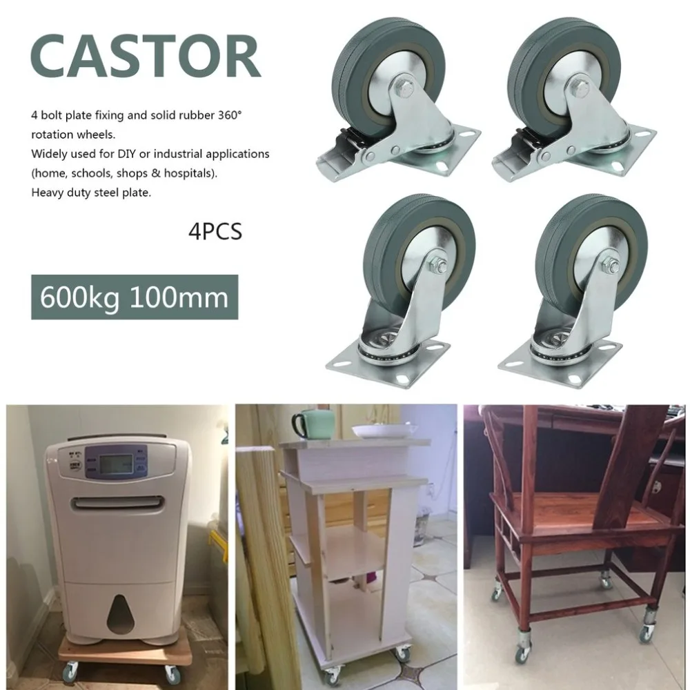 

4PCS/SET 100mm Heavy Duty PU Rubber Swiveling Castor 360 Degree Rotation Trolley Wheels Home Office Furniture Caster Tool