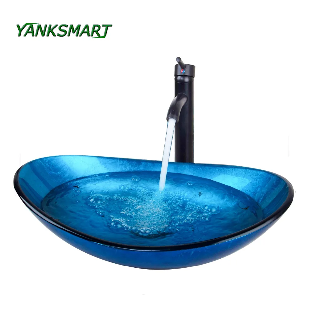 

YANKSMART FBA Artist Bathroom Round Blue Tempered Glass Oval Wash Basin W/ORB brushed Faucet Chrome Pop Up Drain Sink Combo Set