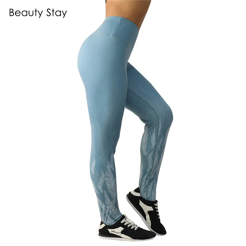 

Beauty Stay Women Leggings Feather Printed Push Up Women High Waist Fashion Casual Polyester Sporting Workout Slim Pants