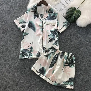 

summer soft pajama shorts sexy pajama set Women Simulation Silk Printing Pattern Pajamas Sleepwear Nightwear Set Dropshipping#G1