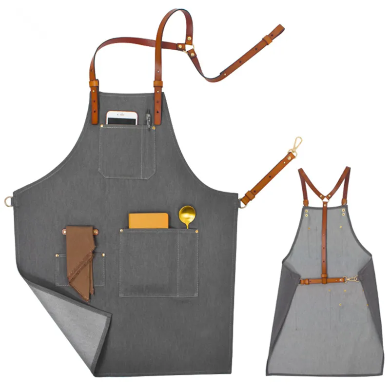 Black Gray Denim Apron Leather Straps D82A-9