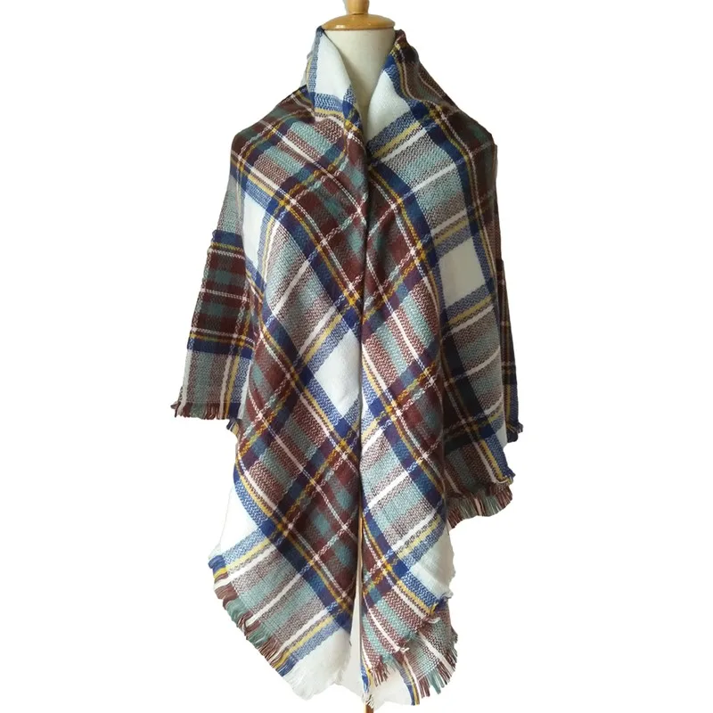 New White & Blue & Coffee Plaid Shawl Faux Cashmere Winter Scarf Unisex ...