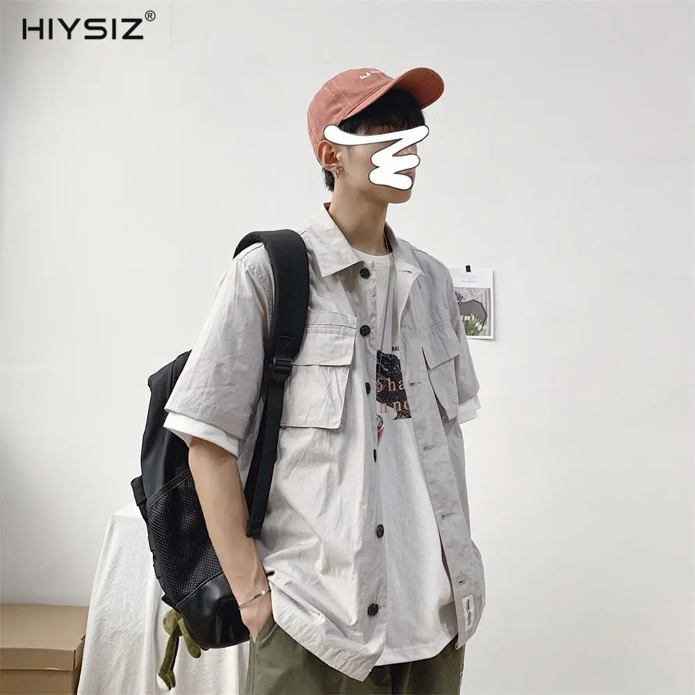 

HIYSIZ NEW Shirts Men 2019 Summer Fashion Casual Streetwear Trend Japanese Style short sleeve square collar work shirt men ST429