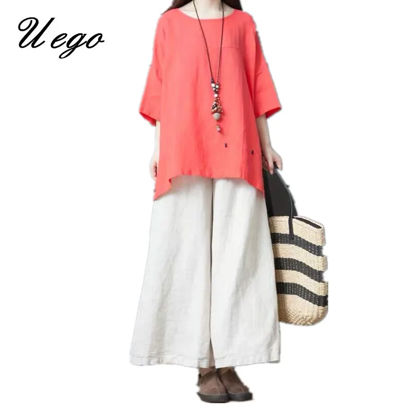 

Uego Loose Tops+Wide leg pants Two Piece Women Casual Sets Soft Cotton Linen Summer Women's Set Lady Clothes Suits Fashion Set