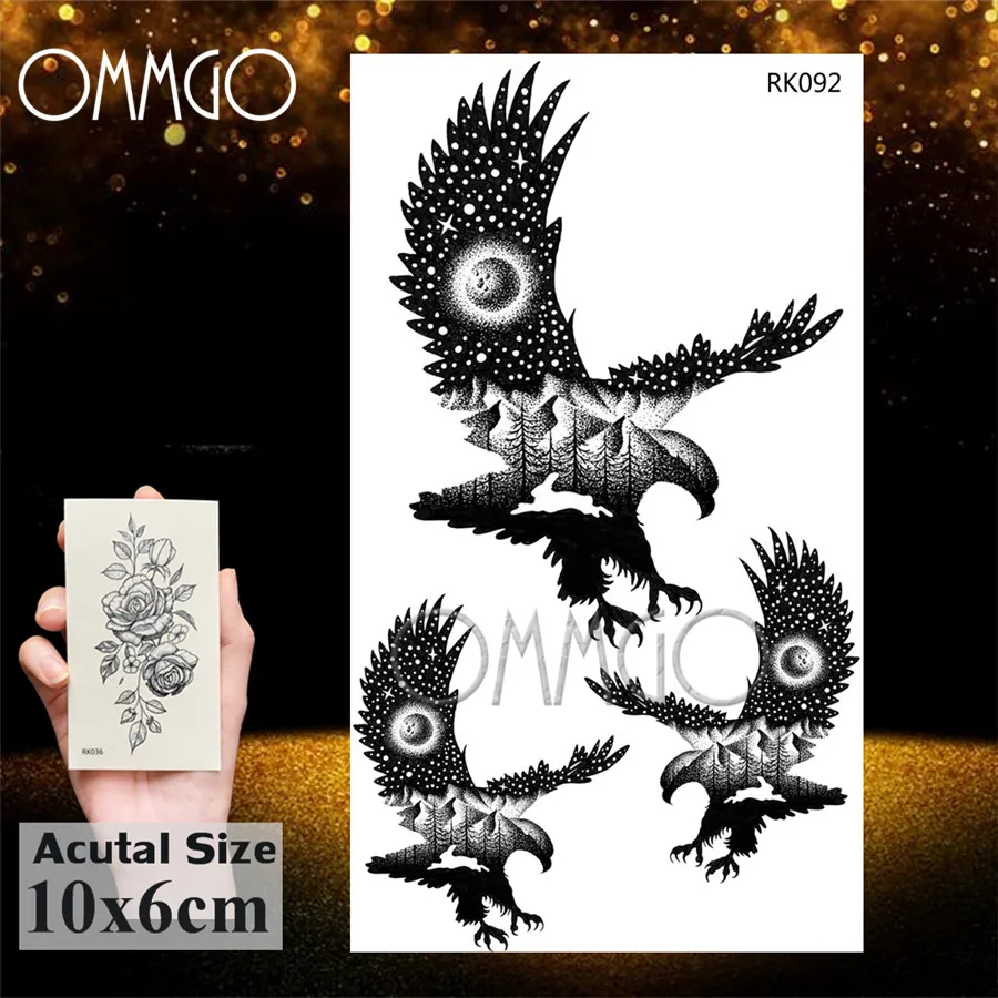 OMMGO лесной парящий Орел Временные татуировки для женщин мужчин шеи лодыжки татуировки бумага Водонепроницаемый черный поддельные наручные птицы татуировки наклейки - Цвет: ORK092