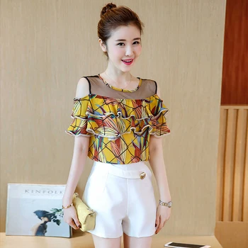 

korean fashion printed flounce summer short-sleeved chiffon top blouse and white shorts women two-piece casual cute suit S-XXL