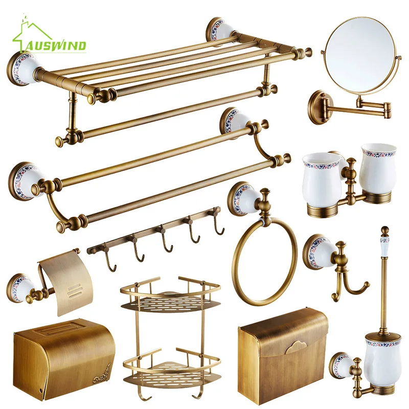 Antique Brass Pendant Bathroom Accessories Set Flowera Base Ceramic