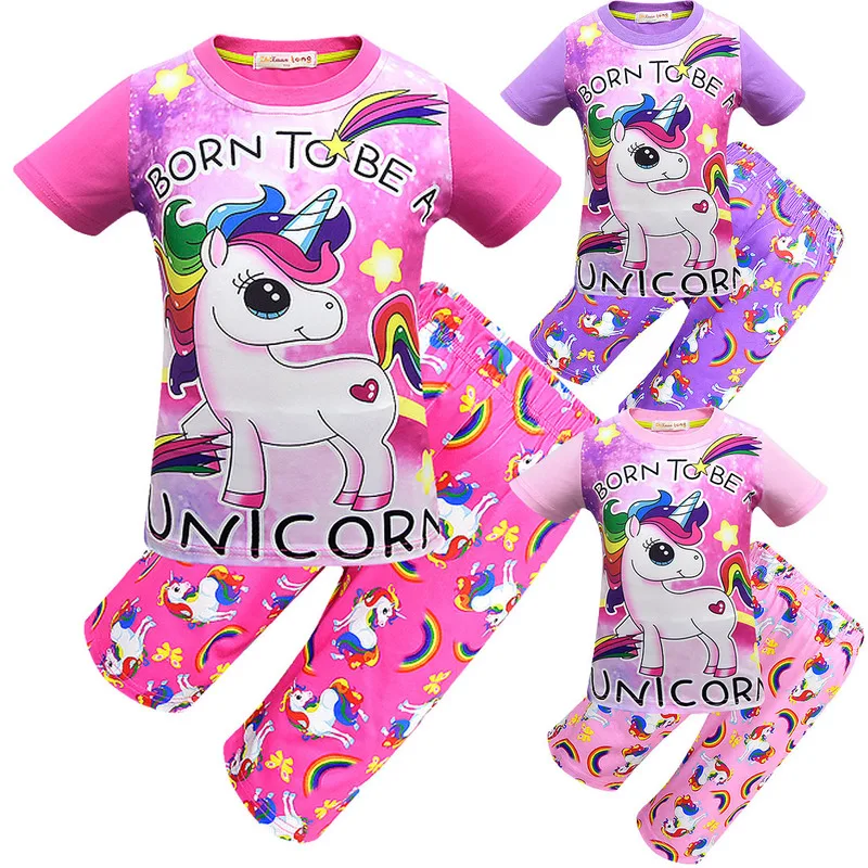 

2019 Summer girl children's pajamas baby kids pajama set animal cartoon sleepwear pink unicorn T-shirt and pants cosplay